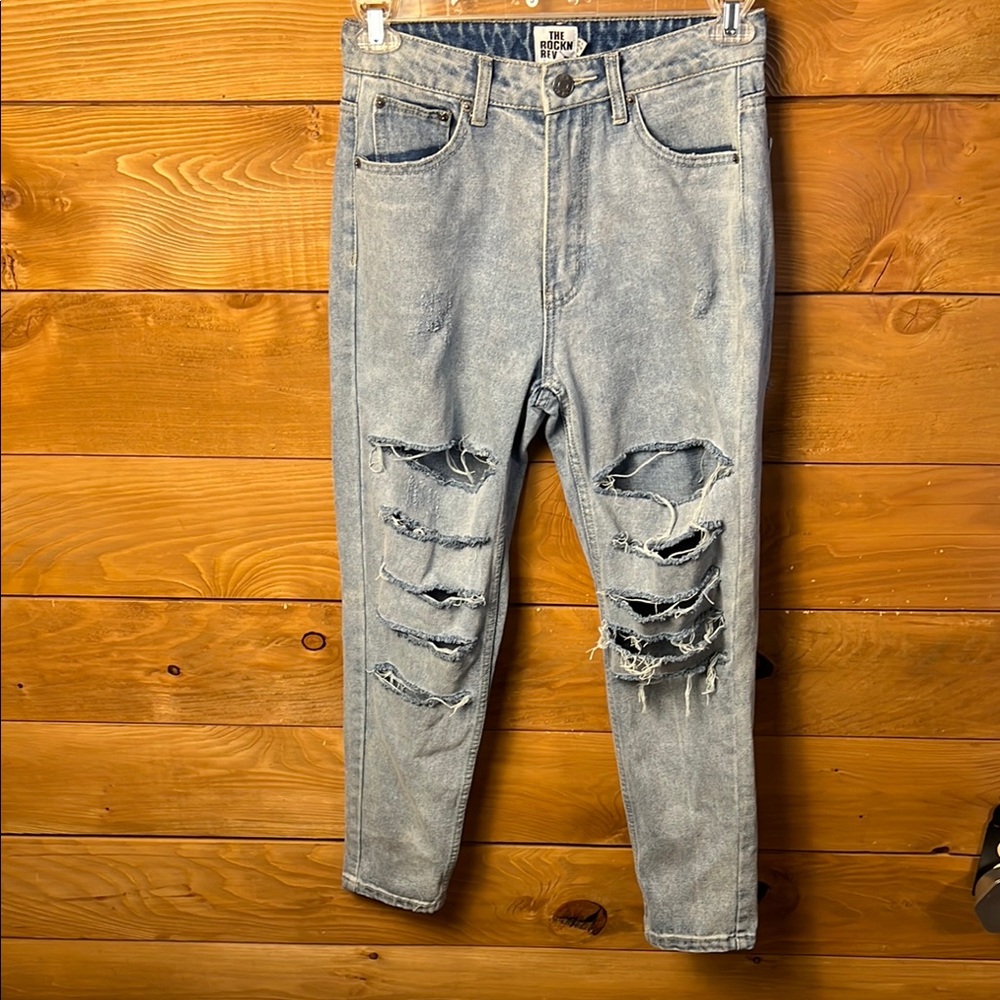 The Rockn Rev Women Jeans 10 Light Blue Distressed Straight Leg Holes Streetwear